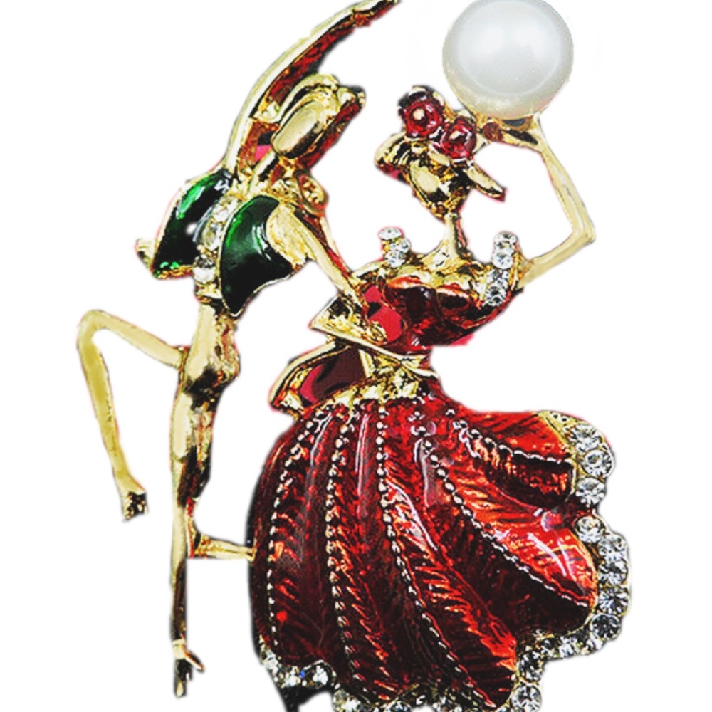 Male & Female Flamboyant Ballet Dancers Brooch-  W/Faux Pearl on her head